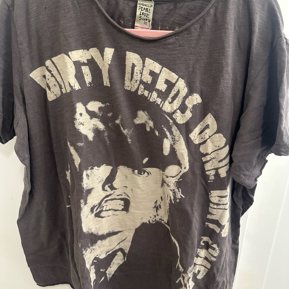 Magnolia Pearl AC/DC Dirty Deeds T, Boyfriend Cut with Hand Fading and Distress